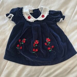 Vintage Baby Togs Navy Velvet Dress Floral Embroidery White Lace Collar